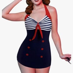 Nautical Striped Halter Swim Dress